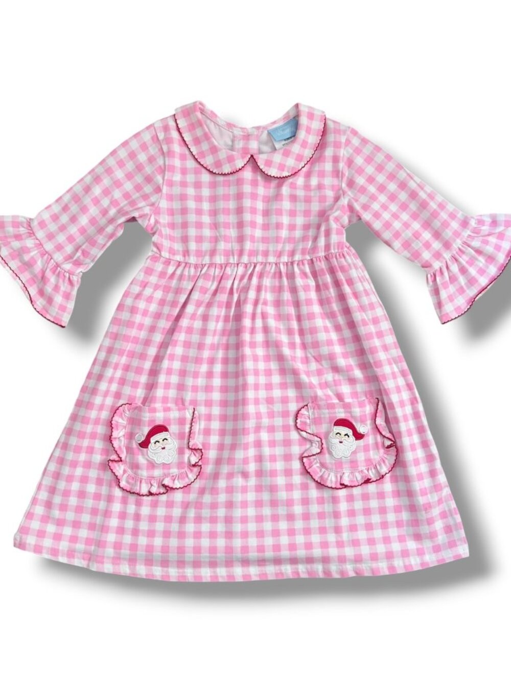 Classic Whimsy Pink White Gingham Santa Embroidered Pockets Size 5